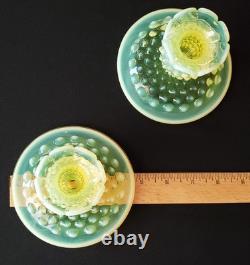 Vintage Fenton Topaz Vaseline Opalescent Hobnail Candle Holders