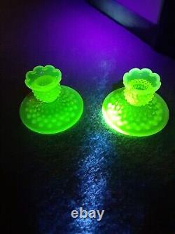Vintage Fenton Vaseline Uranium Hobnail Glass Candle Holder Set