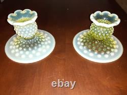 Vintage Fenton Vaseline Uranium Hobnail Glass Candle Holder Set