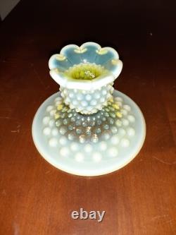 Vintage Fenton Vaseline Uranium Hobnail Glass Candle Holder Set