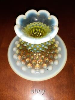 Vintage Fenton Vaseline Uranium Hobnail Glass Candle Holder Set