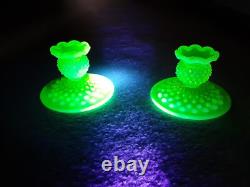 Vintage Fenton Vaseline Uranium Hobnail Glass Candle Holder Set