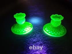 Vintage Fenton Vaseline Uranium Hobnail Glass Candle Holder Set