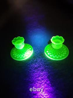 Vintage Fenton Vaseline Uranium Hobnail Glass Candle Holder Set
