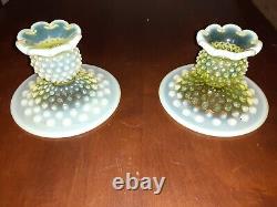 Vintage Fenton Vaseline Uranium Hobnail Glass Candle Stick Holders