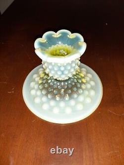 Vintage Fenton Vaseline Uranium Hobnail Glass Candle Stick Holders