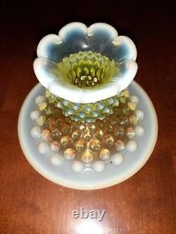 Vintage Fenton Vaseline Uranium Hobnail Glass Candle Stick Holders