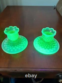 Vintage Fenton Vaseline Uranium Hobnail Glass Candle Stick Holders