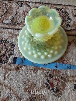 Vintage Fenton Vaseline Uranium Hobnail Glass Candle Stick Holders