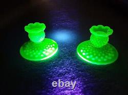 Vintage Fenton Vaseline Uranium Hobnail Glass Candle Stick Holders