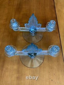 Vintage Fostoria 2 Blue Azure Flame Double Candlestick Holders Art Deco Rare