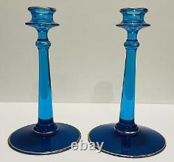 Vintage Fostoria 2 Candlesticks Candle Holders Blue Uranium Glass Gold Trim