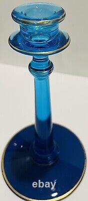 Vintage Fostoria 2 Candlesticks Candle Holders Blue Uranium Glass Gold Trim