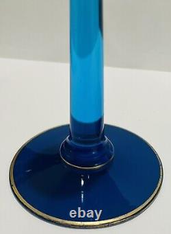 Vintage Fostoria 2 Candlesticks Candle Holders Blue Uranium Glass Gold Trim