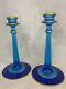 Vintage Fostoria 2 Set Pair Candlesticks Candle Holders Blue Glass Gold Trim