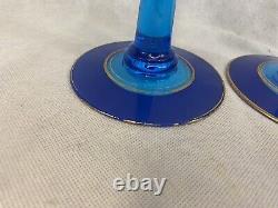 Vintage Fostoria 2 Set Pair Candlesticks Candle Holders Blue Glass Gold Trim