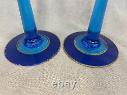 Vintage Fostoria 2 Set Pair Candlesticks Candle Holders Blue Glass Gold Trim