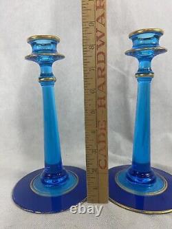 Vintage Fostoria 2 Set Pair Candlesticks Candle Holders Blue Glass Gold Trim