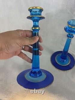 Vintage Fostoria 2 Set Pair Candlesticks Candle Holders Blue Glass Gold Trim