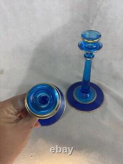 Vintage Fostoria 2 Set Pair Candlesticks Candle Holders Blue Glass Gold Trim