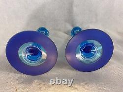 Vintage Fostoria 2 Set Pair Candlesticks Candle Holders Blue Glass Gold Trim