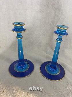 Vintage Fostoria 2 Set Pair Candlesticks Candle Holders Blue Glass Gold Trim