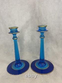 Vintage Fostoria 2 Set Pair Candlesticks Candle Holders Blue Glass Gold Trim