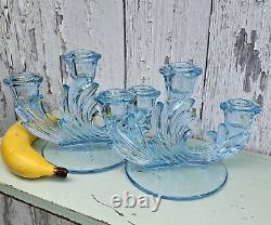 Vintage Fostoria Baroque Aqua Blue 6 3-lite Candle Holders Set of 2