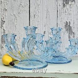 Vintage Fostoria Baroque Aqua Blue 6 3-lite Candle Holders Set of 2