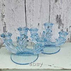 Vintage Fostoria Baroque Aqua Blue 6 3-lite Candle Holders Set of 2