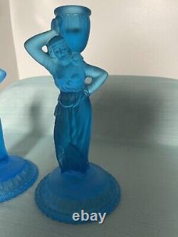 Vintage Fostoria Blue Satin Frosted Glass Greek Goddess Rebecca Candle Holders