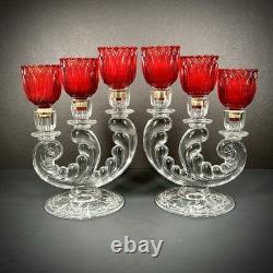 Vintage Fostoria Plume Crystal 3 Arm Candelabras Pair Hurricane Candle Holders