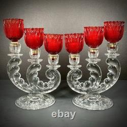Vintage Fostoria Plume Crystal 3 Arm Candelabras Pair Hurricane Candle Holders