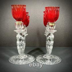 Vintage Fostoria Plume Crystal 3 Arm Candelabras Pair Hurricane Candle Holders