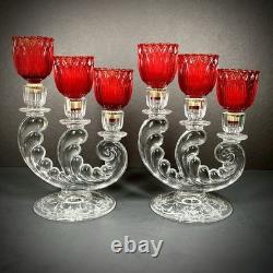 Vintage Fostoria Plume Crystal 3 Arm Candelabras Pair Hurricane Candle Holders