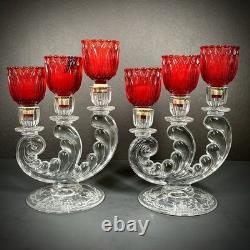 Vintage Fostoria Plume Crystal 3 Arm Candelabras Pair Hurricane Candle Holders