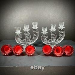 Vintage Fostoria Plume Crystal 3 Arm Candelabras Pair Hurricane Candle Holders