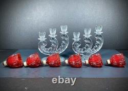 Vintage Fostoria Plume Crystal 3 Arm Candelabras Pair Hurricane Candle Holders