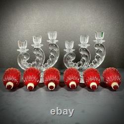 Vintage Fostoria Plume Crystal 3 Arm Candelabras Pair Hurricane Candle Holders