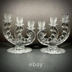 Vintage Fostoria Plume Crystal 3 Arm Candelabras Pair Hurricane Candle Holders Vintage Fostoria Plume Crystal 3 Arm Candelabras Pair Hurricane Candle Holders