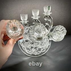 Vintage Fostoria Plume Crystal 3 Arm Candelabras Pair Hurricane Candle Holders