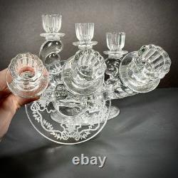 Vintage Fostoria Plume Crystal 3 Arm Candelabras Pair Hurricane Candle Holders