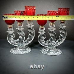Vintage Fostoria Plume Crystal 3 Arm Candelabras Pair Hurricane Candle Holders