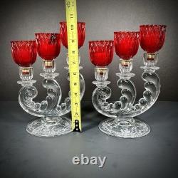 Vintage Fostoria Plume Crystal 3 Arm Candelabras Pair Hurricane Candle Holders Vintage Fostoria Plume Crystal 3 Arm Candelabras Pair Hurricane Candle Holders
