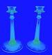 Vintage Fostoria Uranium Glass Candlesticks Candle Holders Pair Seville Etched