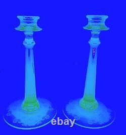 Vintage Fostoria Uranium Glass Candlesticks Candle Holders Pair Seville Etched