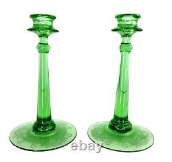 Vintage Fostoria Uranium Glass Candlesticks Candle Holders Pair Seville Etched