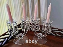 Vintage Glass Candlestick Pair with Bobeches, full set of original glass prisms