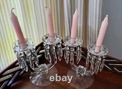 Vintage Glass Candlestick Pair with Bobeches, full set of original glass prisms