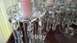 Vintage Glass Candlestick Pair with Bobeches, full set of original glass prisms